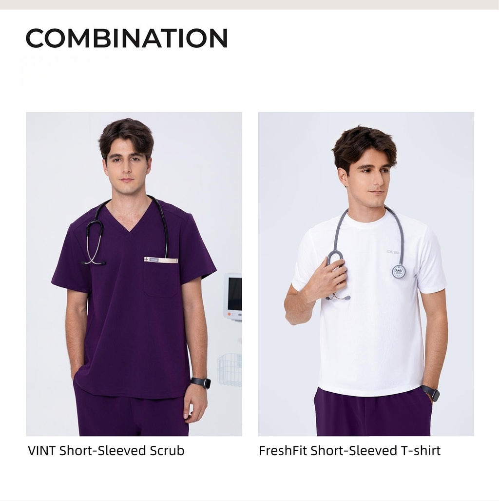 CITRESS purple scrub pants paired with matching scrub top, complete men's medical uniform