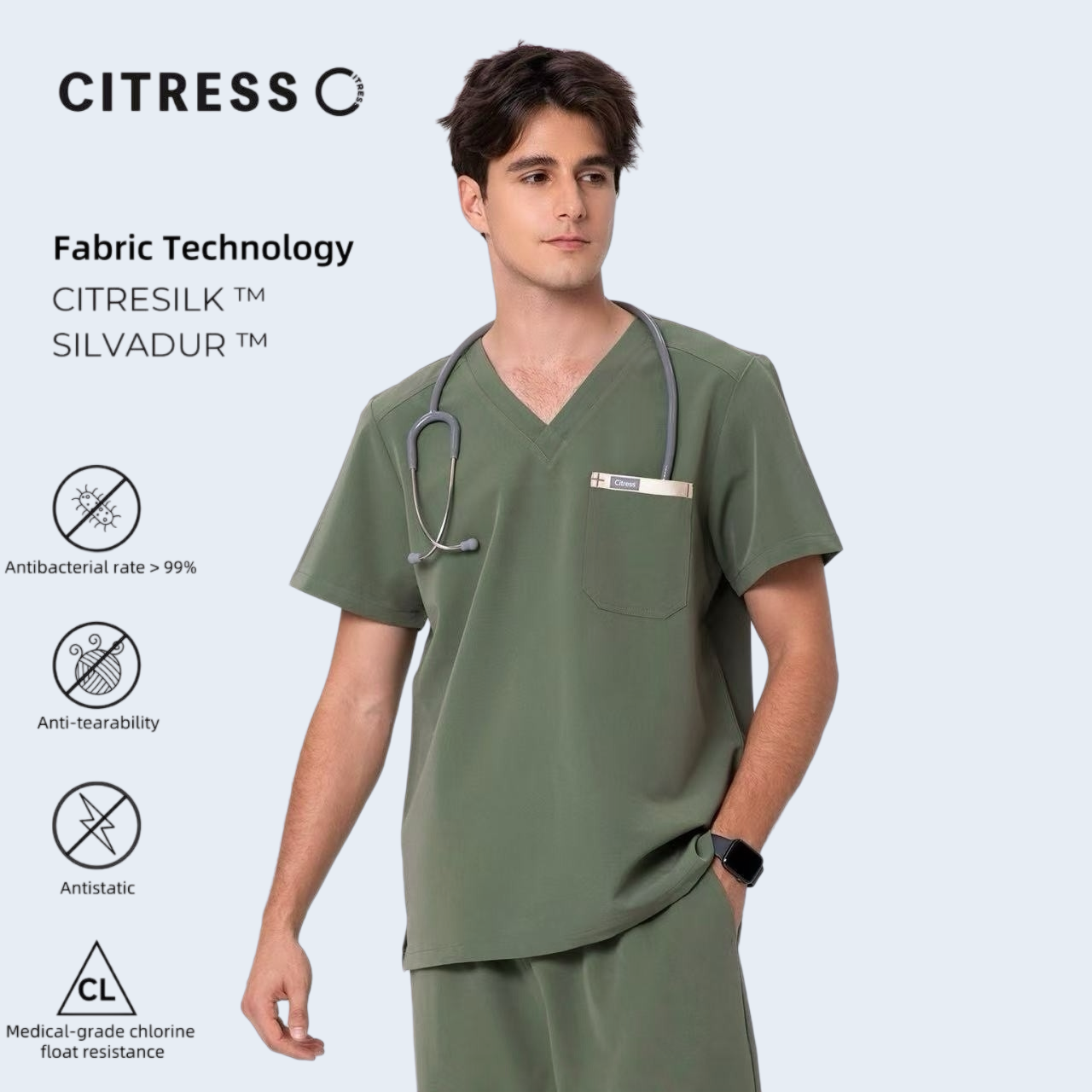 CITRESS men's green V-neck scrub set, with Citresilk antibacterial fabric
