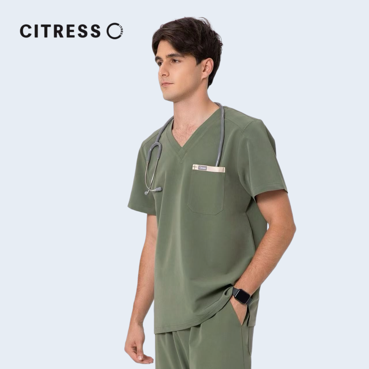 Side view of CITRESS men's green scrub top, soft stretch fabric