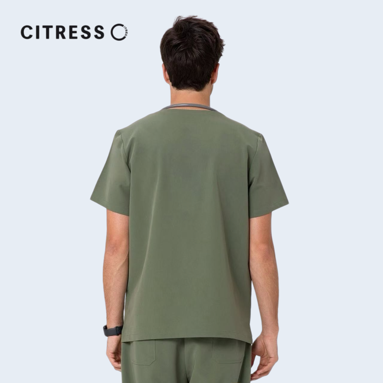 Back view of CITRESS green scrub top, comfortable fit for long medical shifts