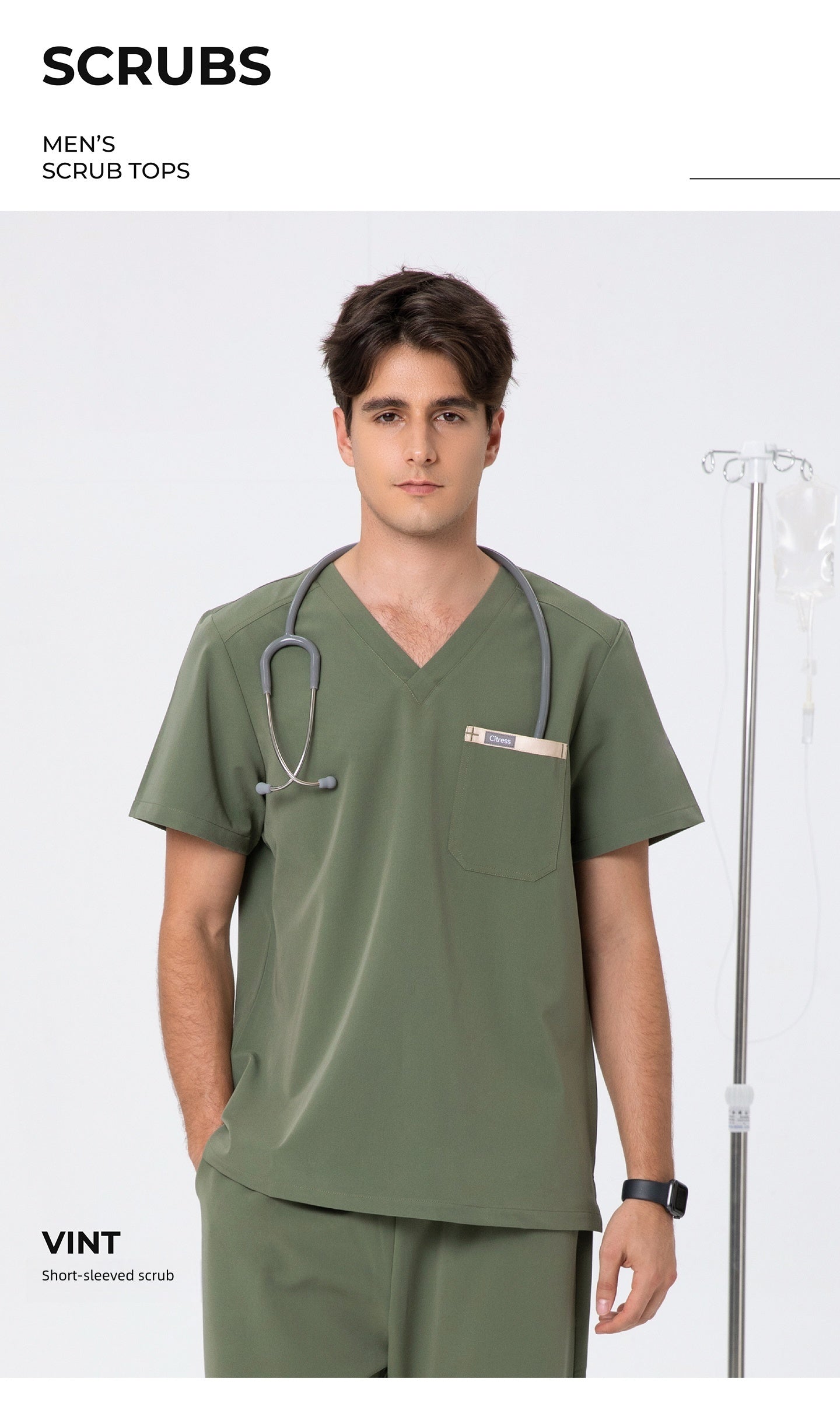 CITRESS green scrub top product shot, front view with clean background