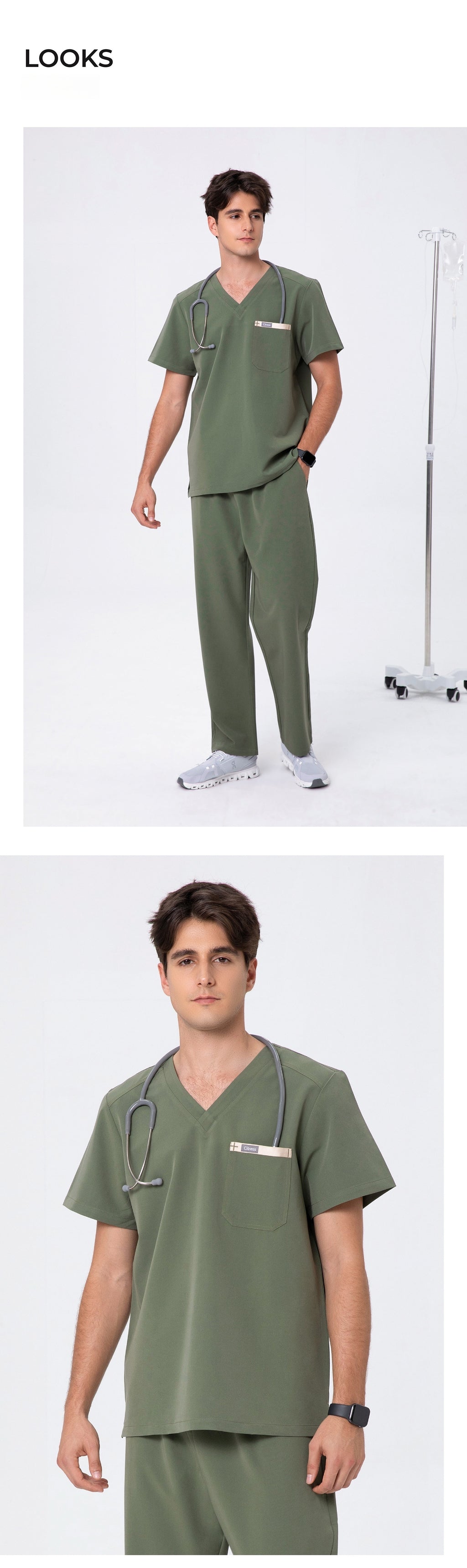 Front and back views of CITRESS men's green scrub set for male nurses