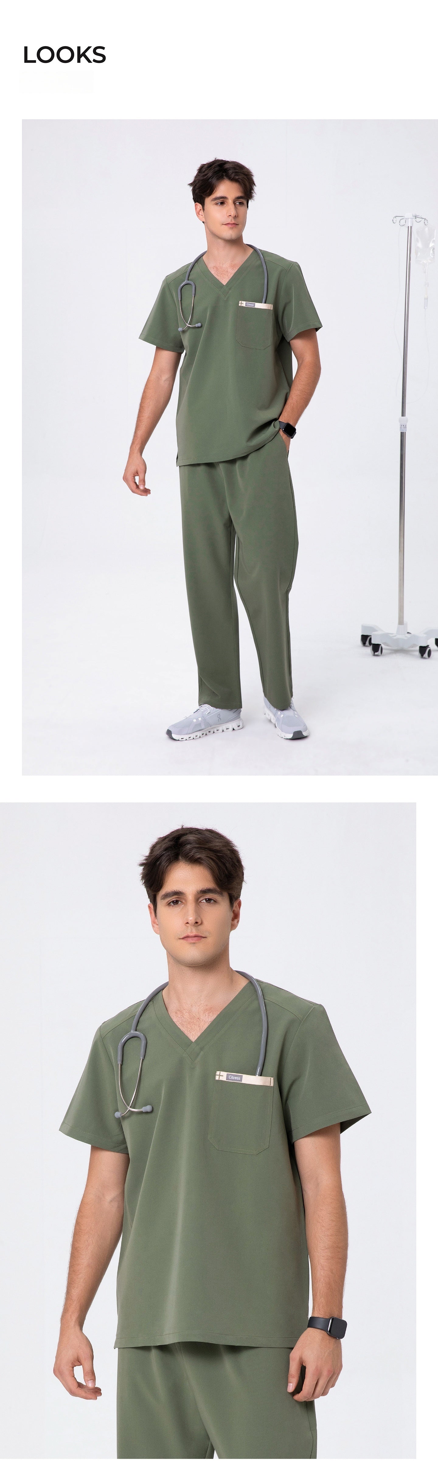 Front and back views of CITRESS men's green scrub set for male nurses
