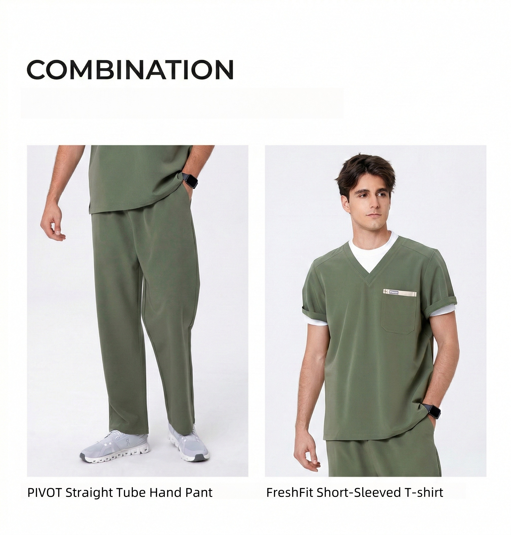 CITRESS scrub set pairing ideas: green scrub top with white undershirt