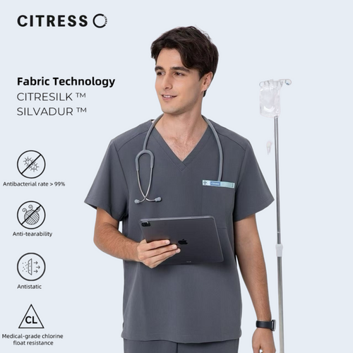 CITRESS men's grey V-neck scrub set, antibacterial stretch fabric for male nurses