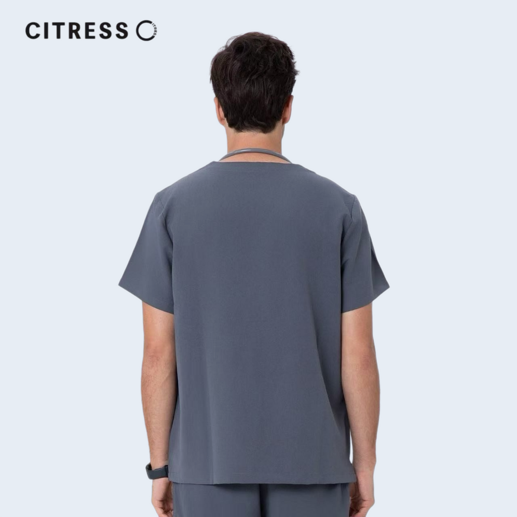 Back view of CITRESS men's grey scrub top, comfortable fit for long medical shifts