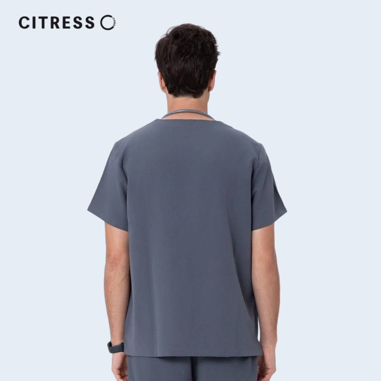 Back view of CITRESS men's grey scrub top, comfortable fit for long medical shifts