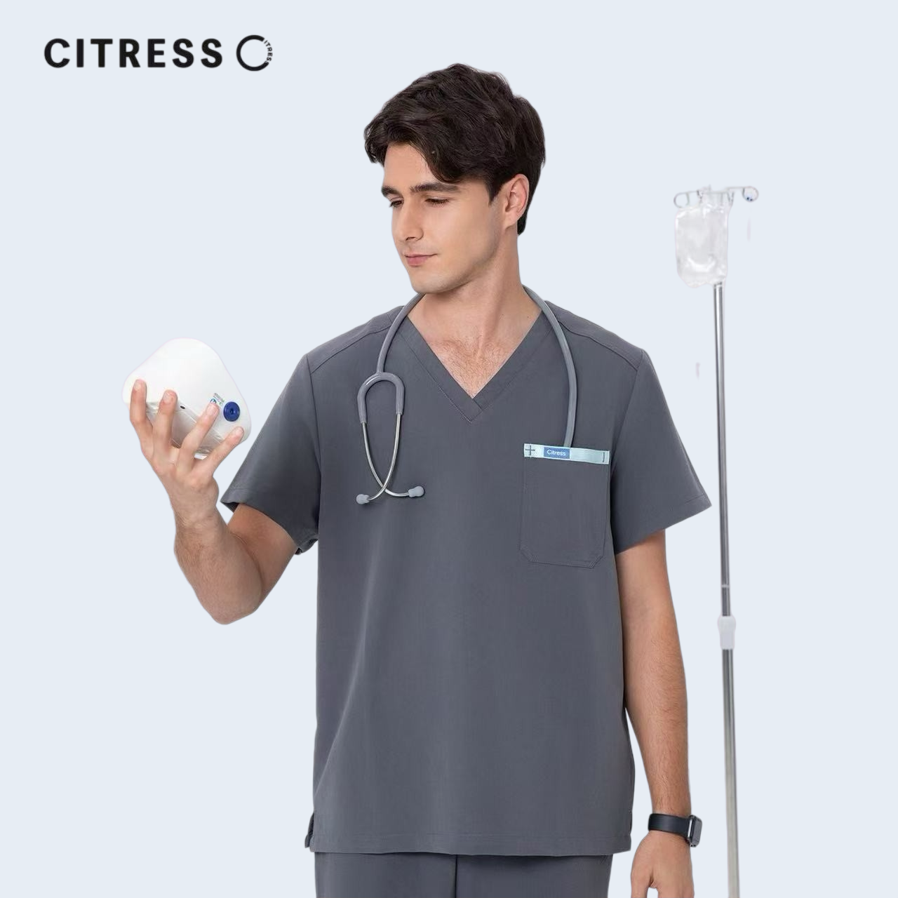 Side view of CITRESS men's grey scrub top, soft stretch fabric