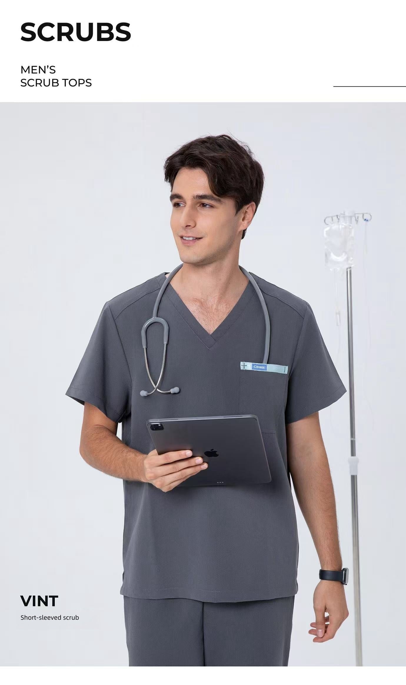 CITRESS men's grey scrub top product shot, clean background front view