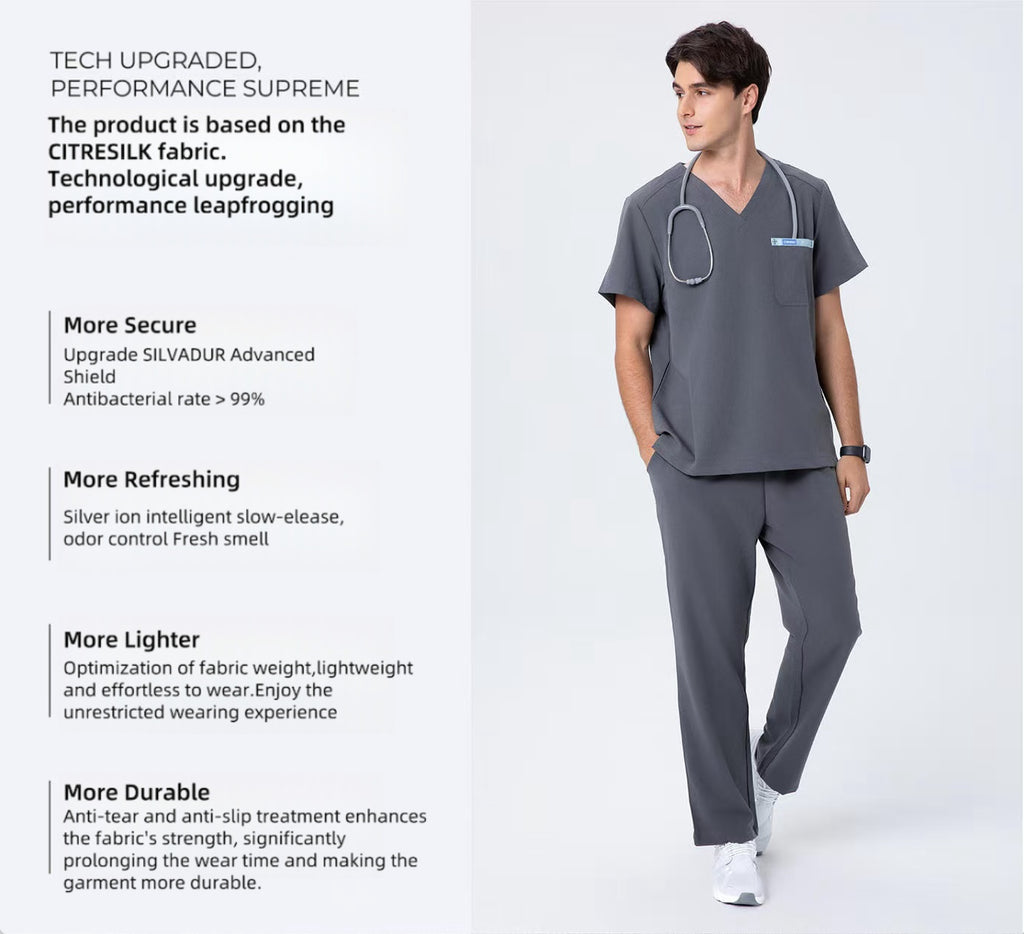 CITRESS men's grey scrub set overview, showing front, back and detail views