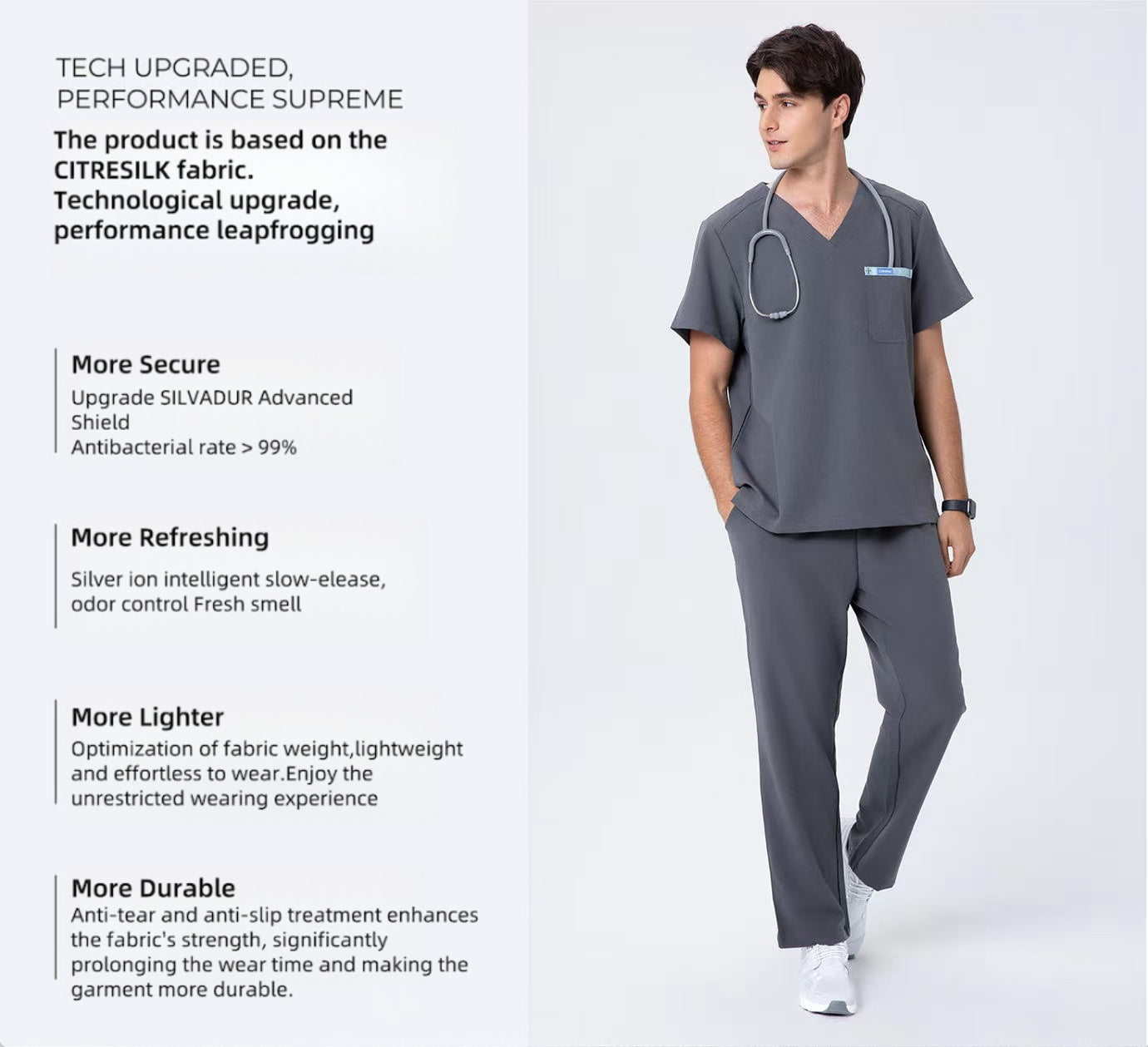 CITRESS men's grey scrub set overview, showing front, back and detail views