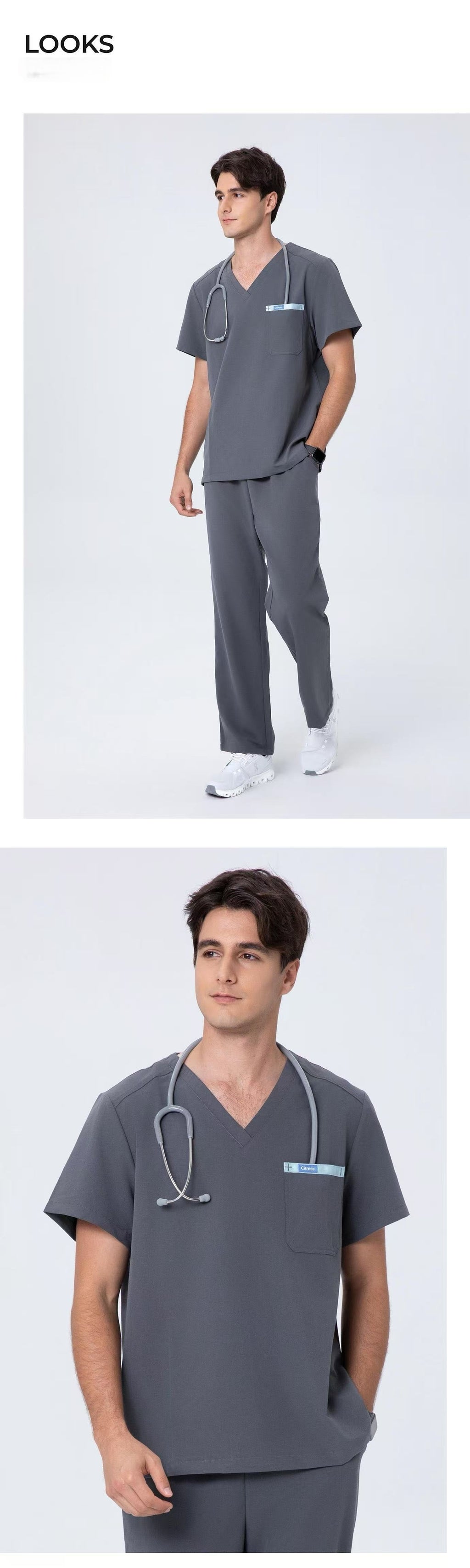 Front and back views of CITRESS men's grey scrub set for male nurses
