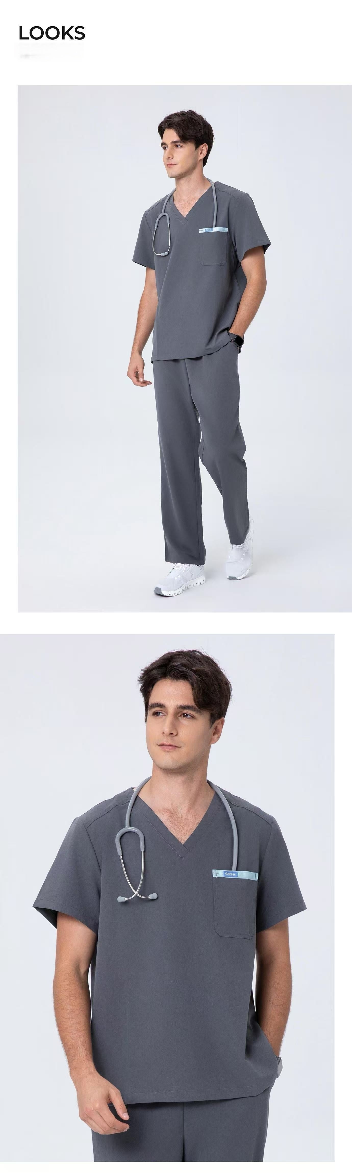 Front and back views of CITRESS men's grey scrub set for male nurses