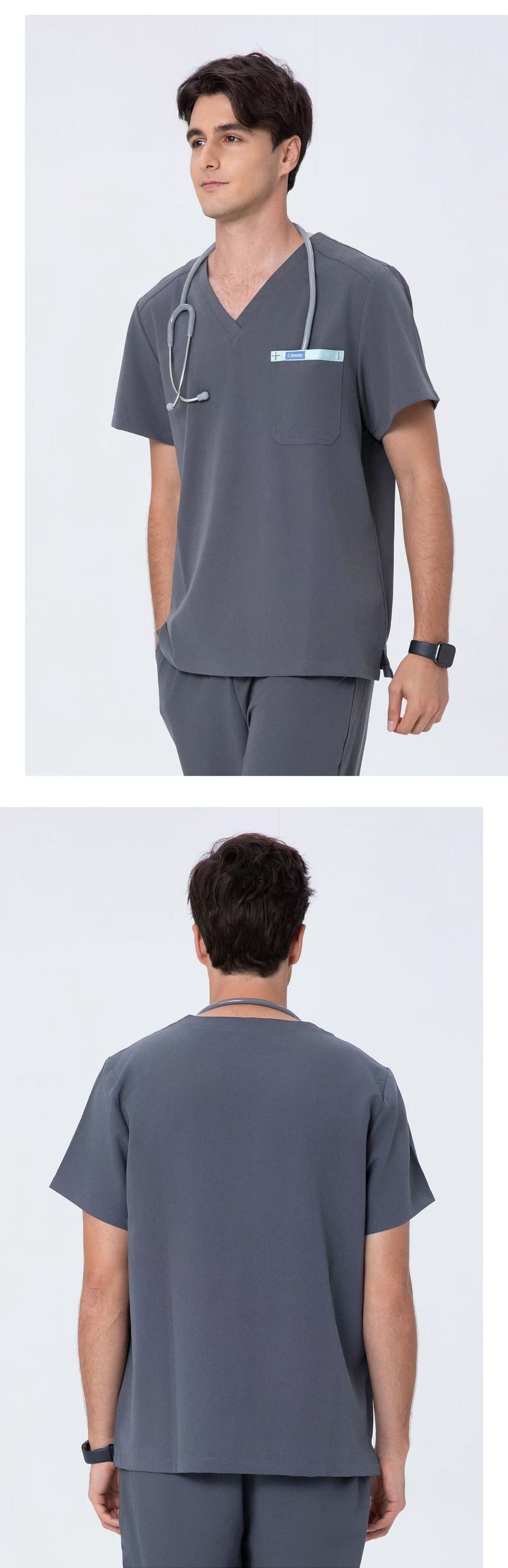 Front and back views of CITRESS men's grey scrub set for male nurses