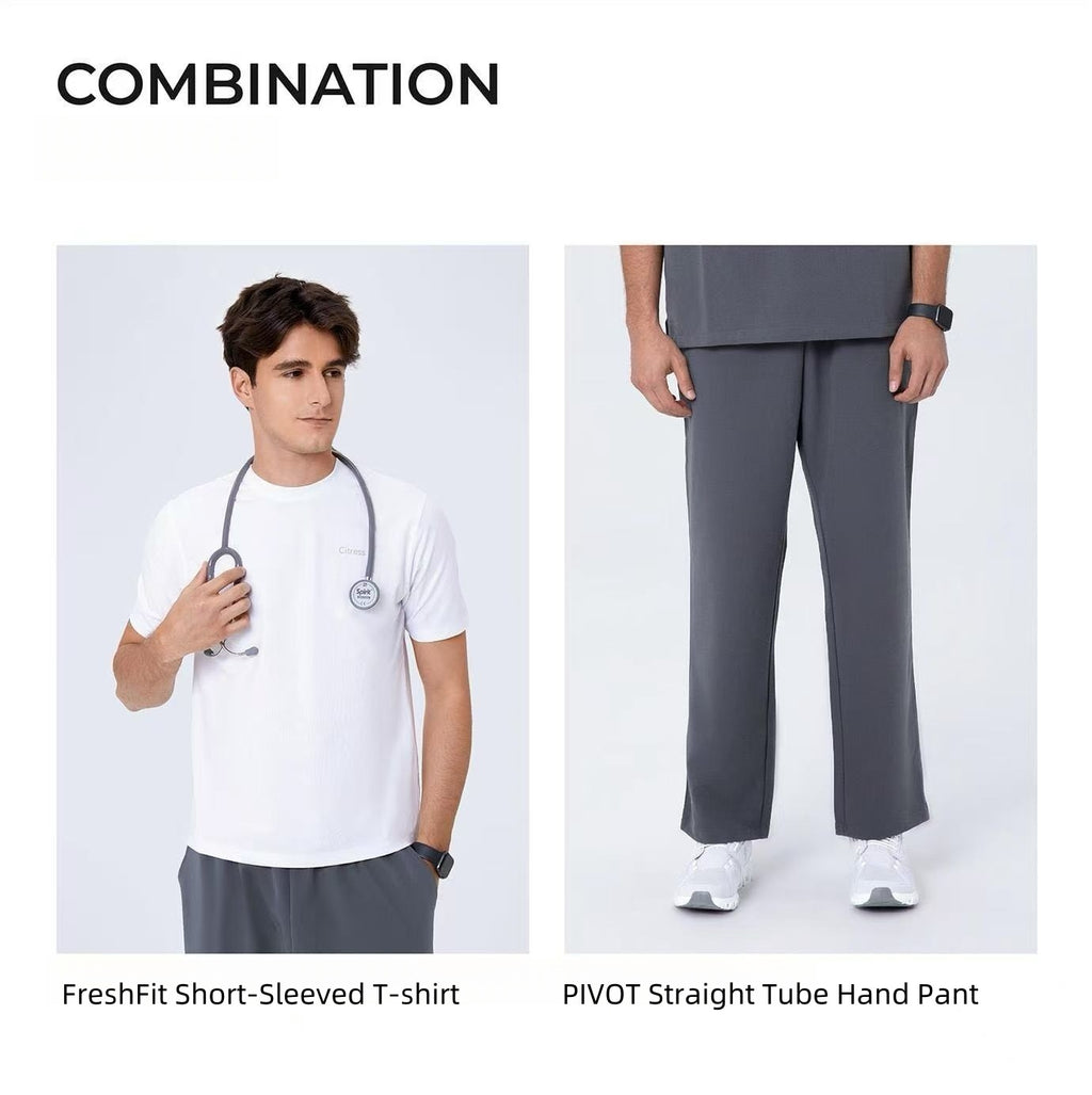 CITRESS scrub set pairing ideas: grey scrub top with white undershirt