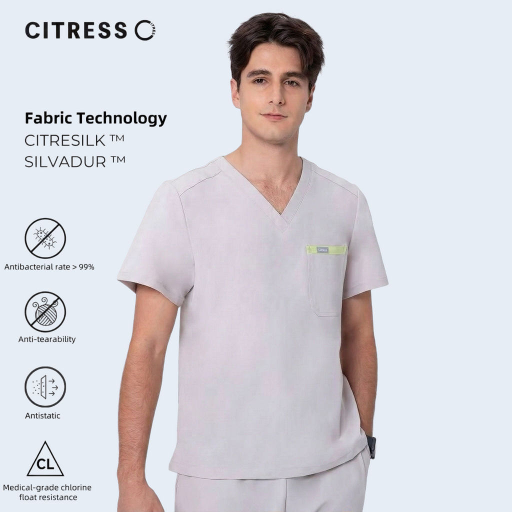 CITRESS men's khaki V-neck scrub set, antibacterial stretch fabric for male nurses