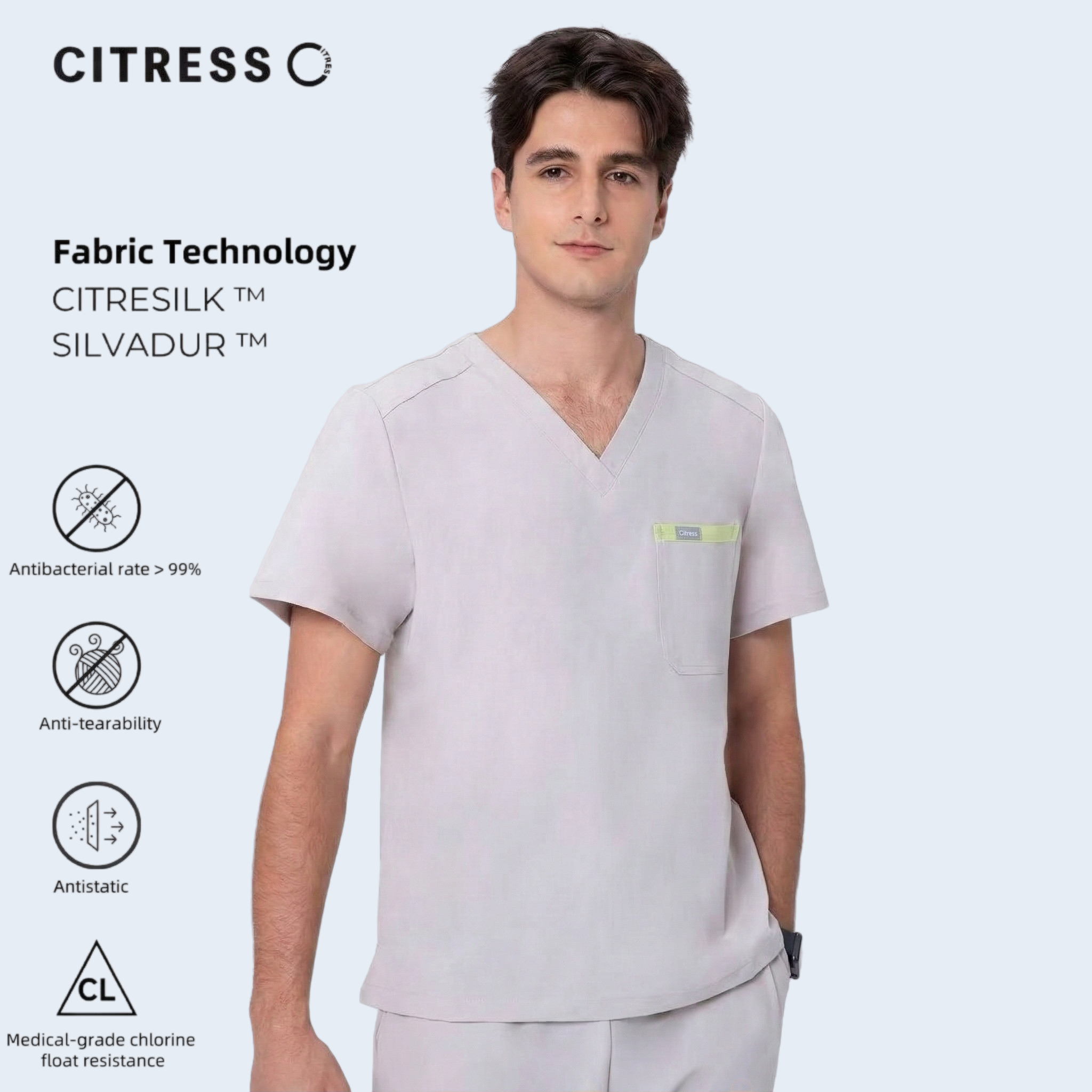 CITRESS men's khaki V-neck scrub set, antibacterial stretch fabric for male nurses