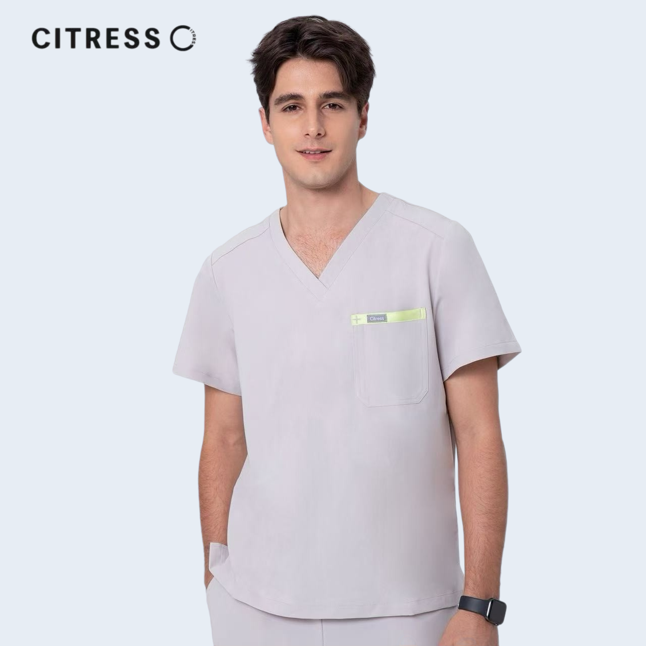 Side view of CITRESS men's khaki scrub top, soft stretch fabric