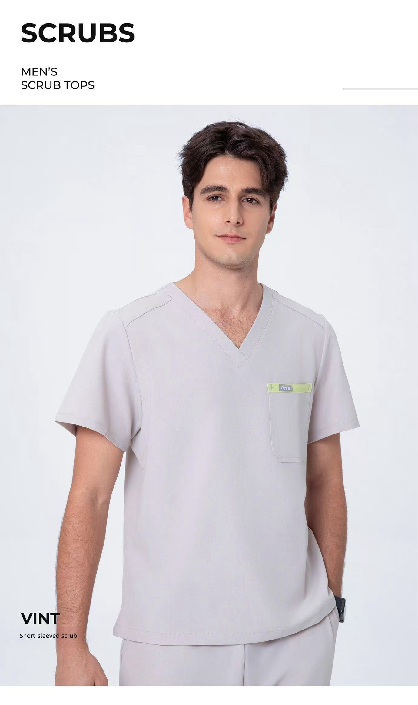 CITRESS men's khaki scrub top product shot, clean background front view