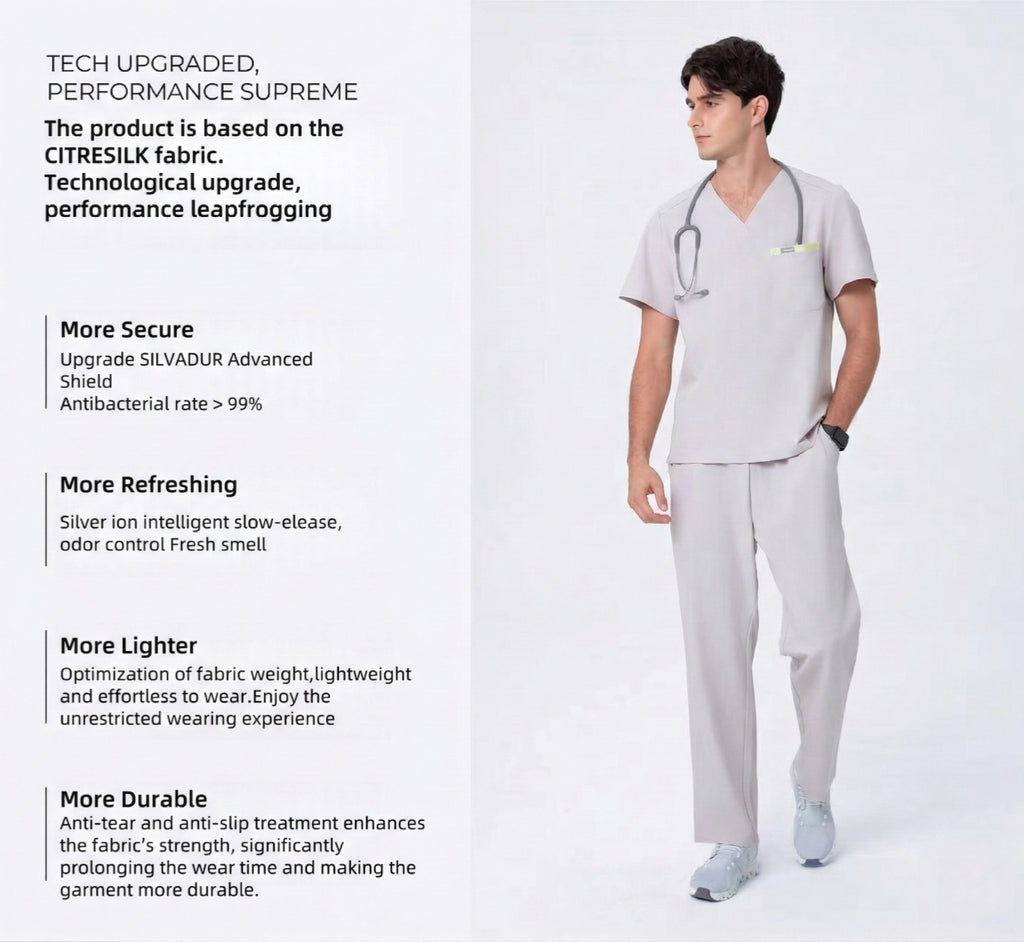 CITRESS men's khaki scrub set overview, showing front, back and detail views