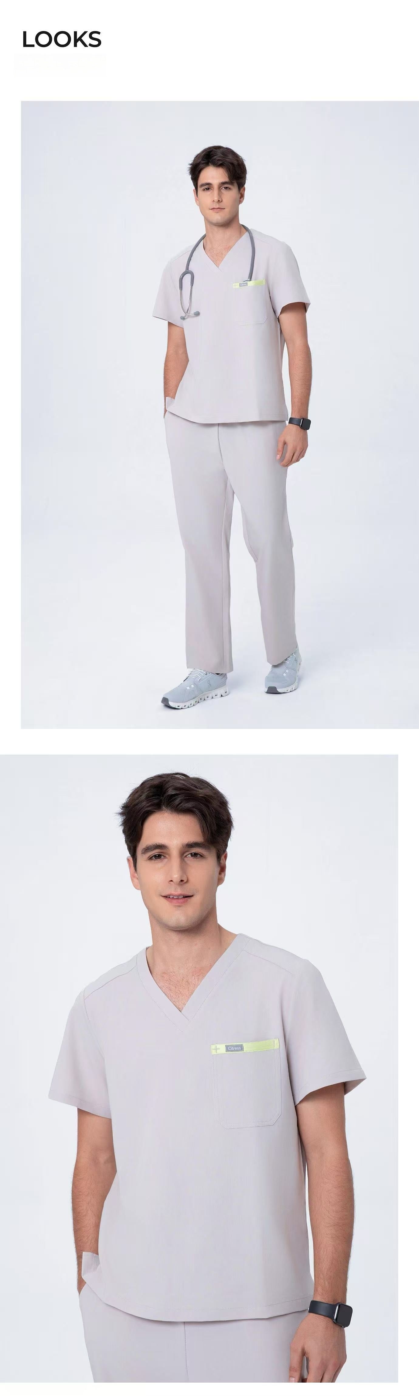 Front and back views of CITRESS men's khaki scrub set for male nurses