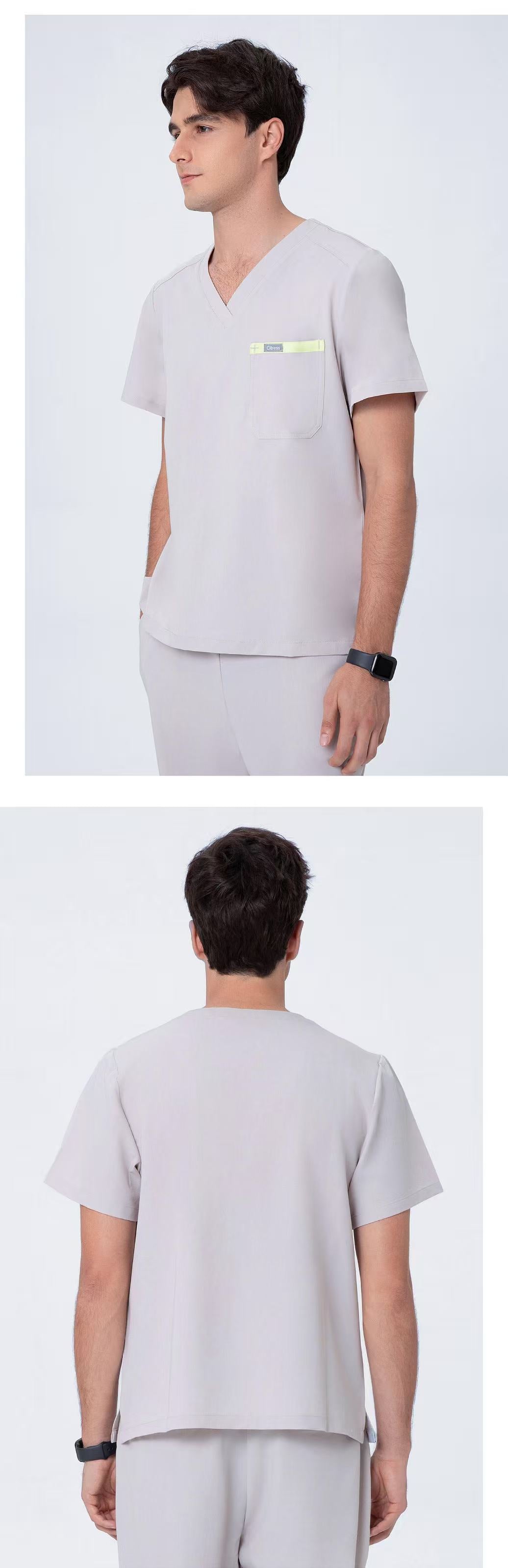 Front and back views of CITRESS men's purple scrub set for male nurses