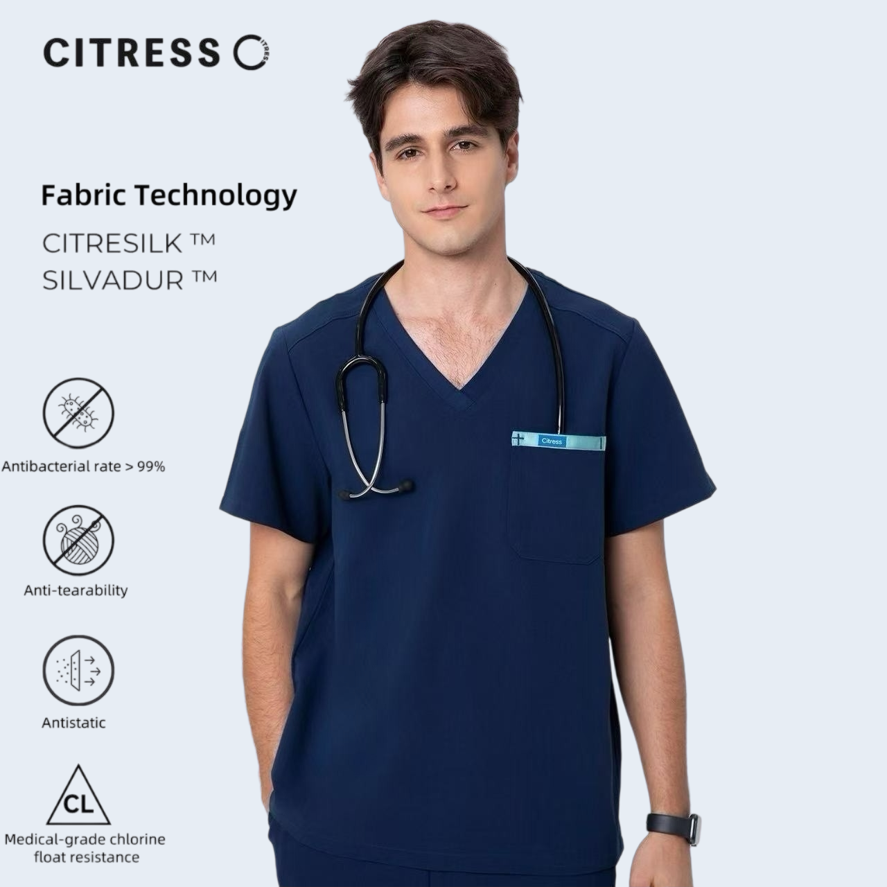 CITRESS men's navy V-neck scrub set, antibacterial stretch fabric for male nurses