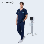 Male doctor wearing CITRESS navy scrub set in hospital, professional medical workwear