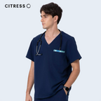 Front view of CITRESS men's navy scrub top, showing V-neck and functional chest pocket