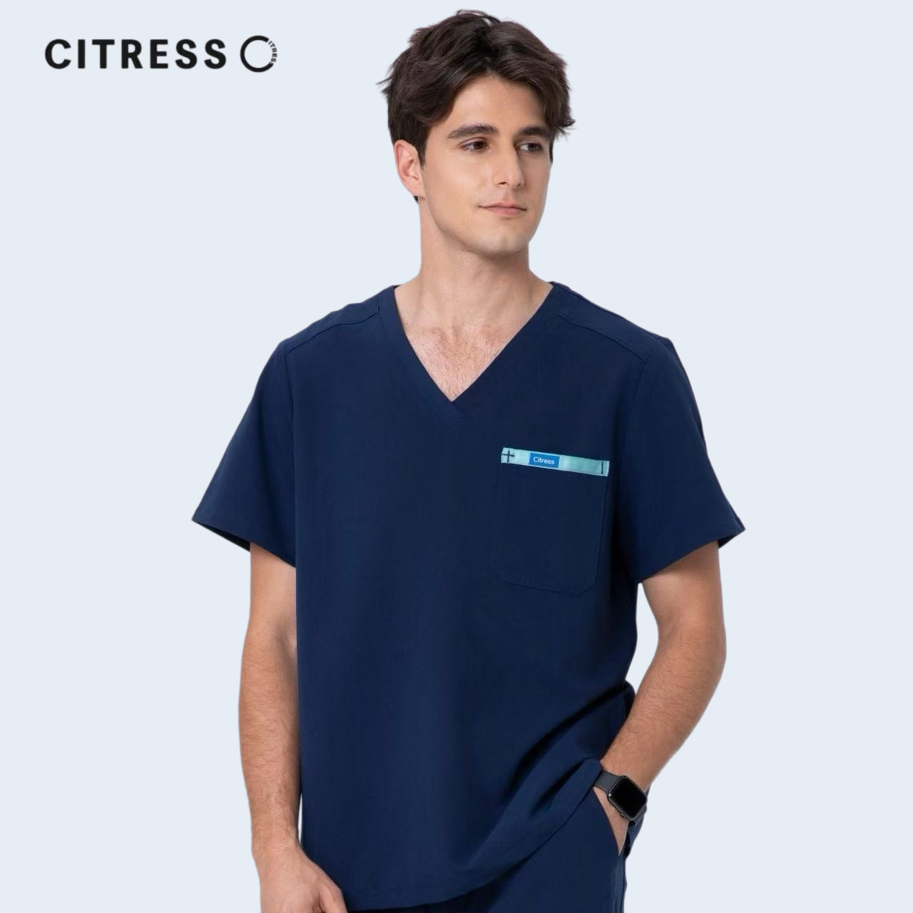 Side view of CITRESS men's navy scrub top, soft stretch fabric