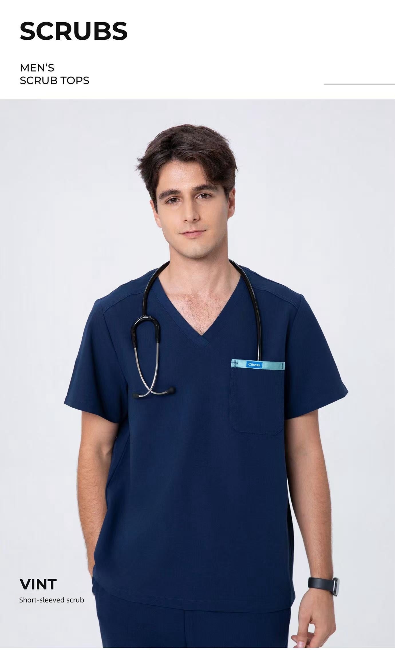 CITRESS men's navy scrub top product shot, clean background front view