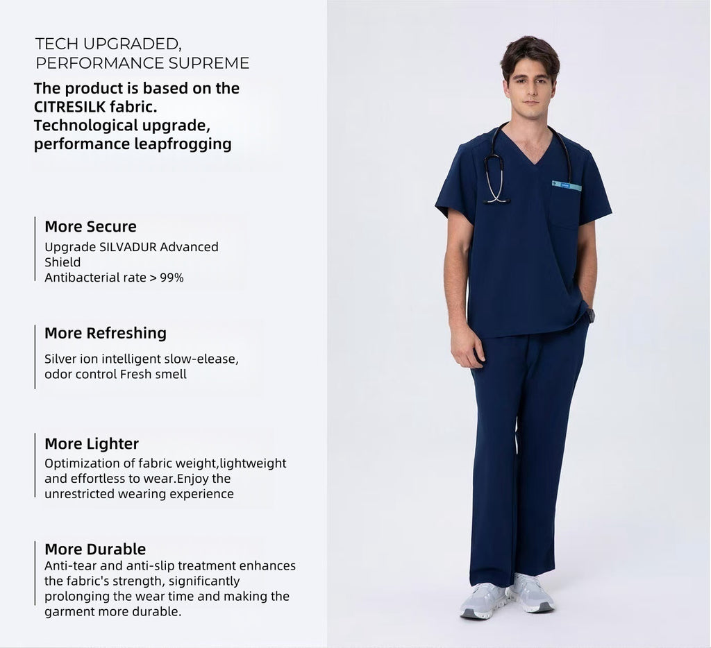 CITRESS men's navy scrub set overview, showing front, back and detail views
