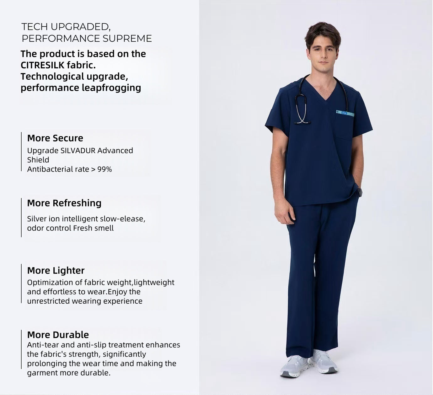 CITRESS men's navy scrub set overview, showing front, back and detail views