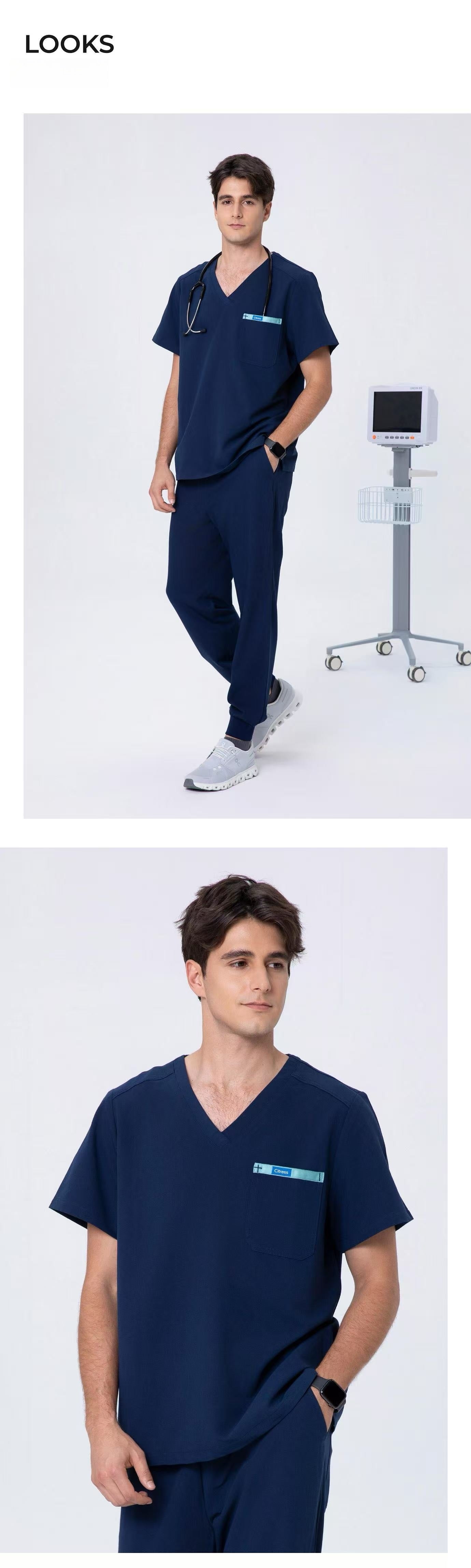 Front and back views of CITRESS men's navy scrub set for male nurses