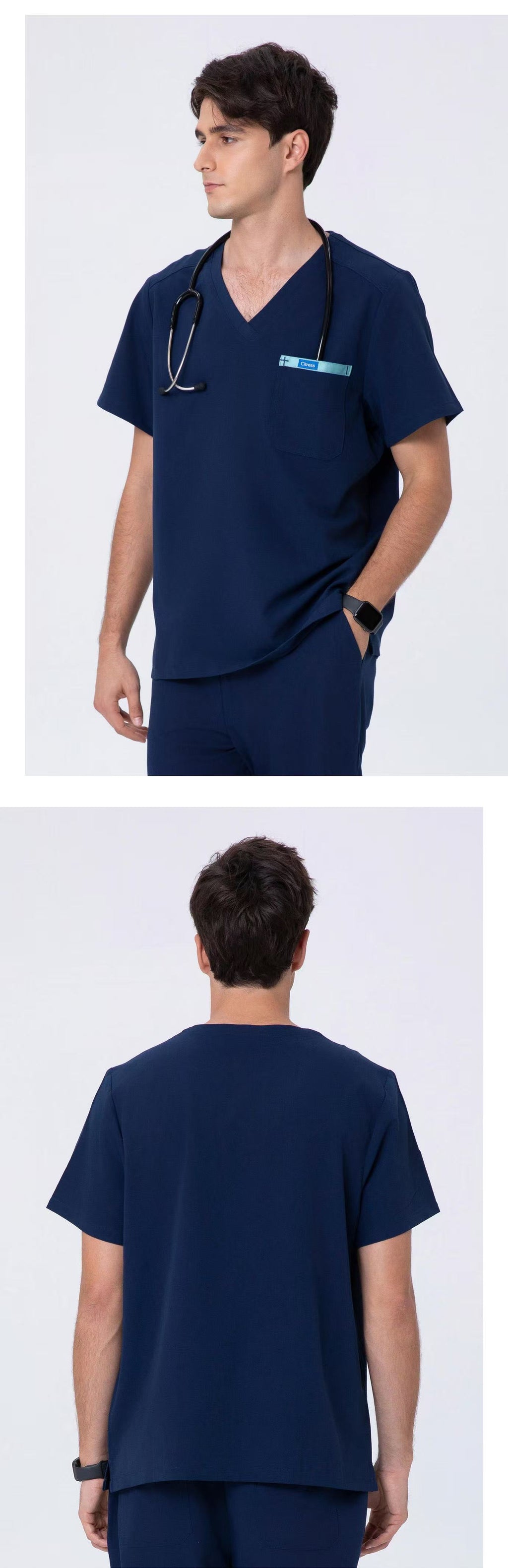 Front and back views of CITRESS men's navy scrub set for male nurses