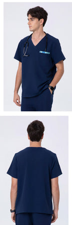 Front and back views of CITRESS men's navy scrub set for male nurses