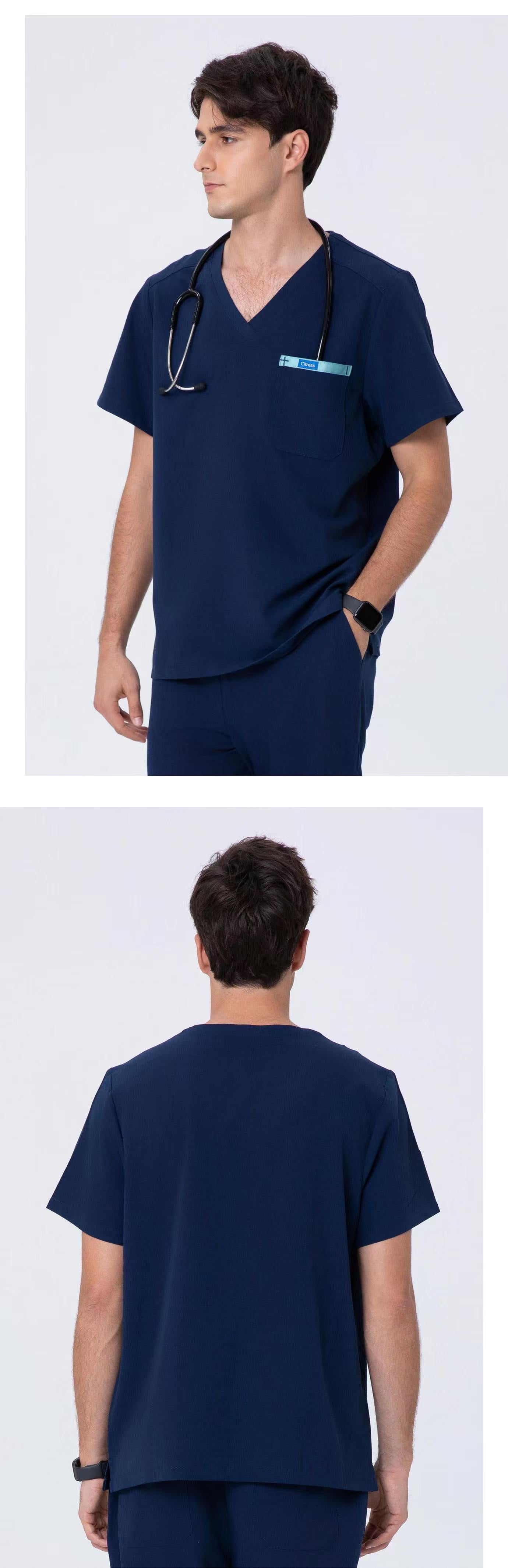 Front and back views of CITRESS men's navy scrub set for male nurses