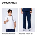 CITRESS scrub set pairing ideas: navy scrub top with white undershirt