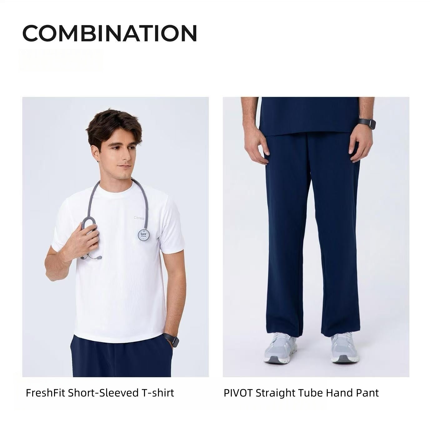 CITRESS scrub set pairing ideas: navy scrub top with white undershirt