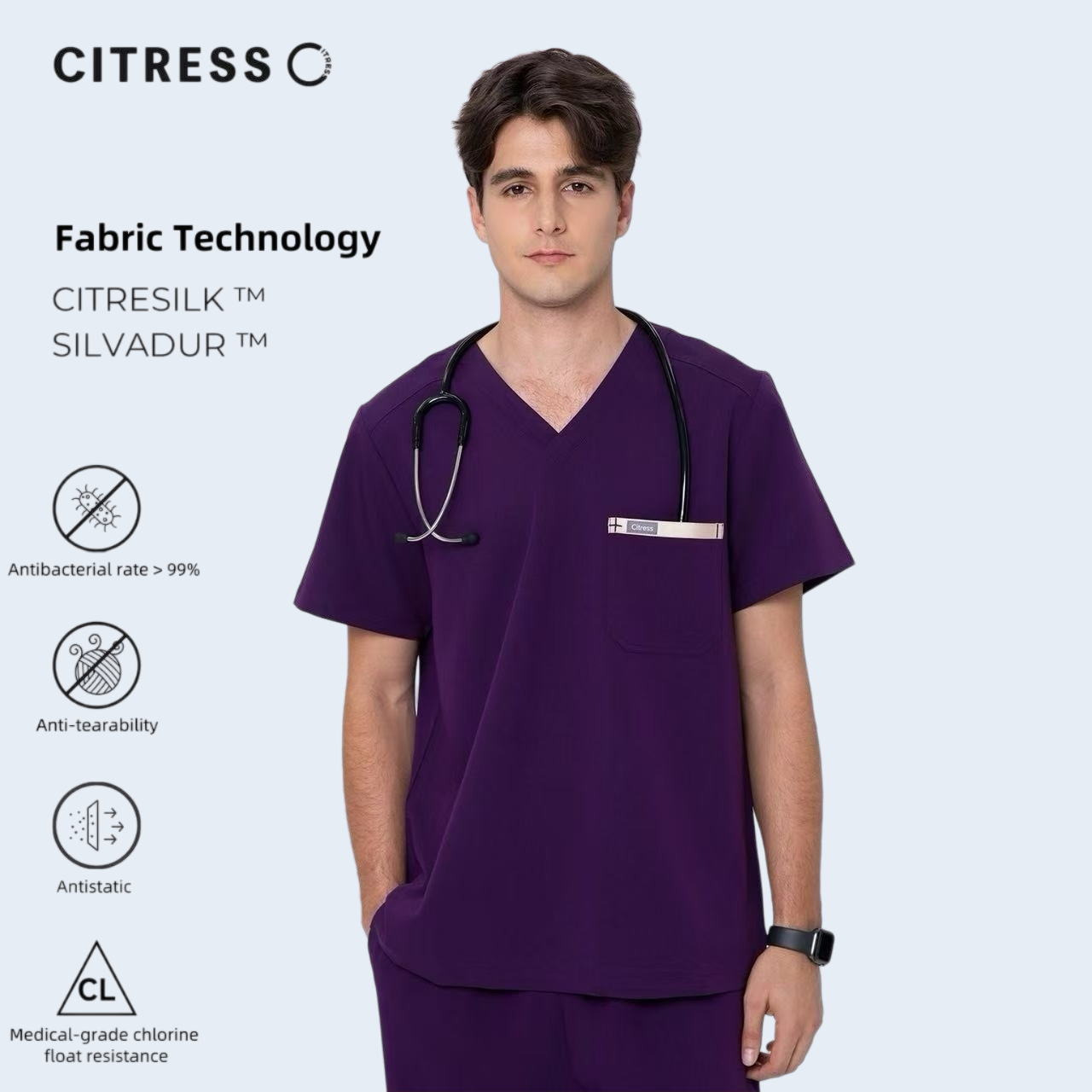 CITRESS men's purple V-neck scrub set, with Citresilk antibacterial fabric