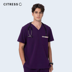 Front view of CITRESS men's purple scrub top, showing V-neck and functional chest pocket