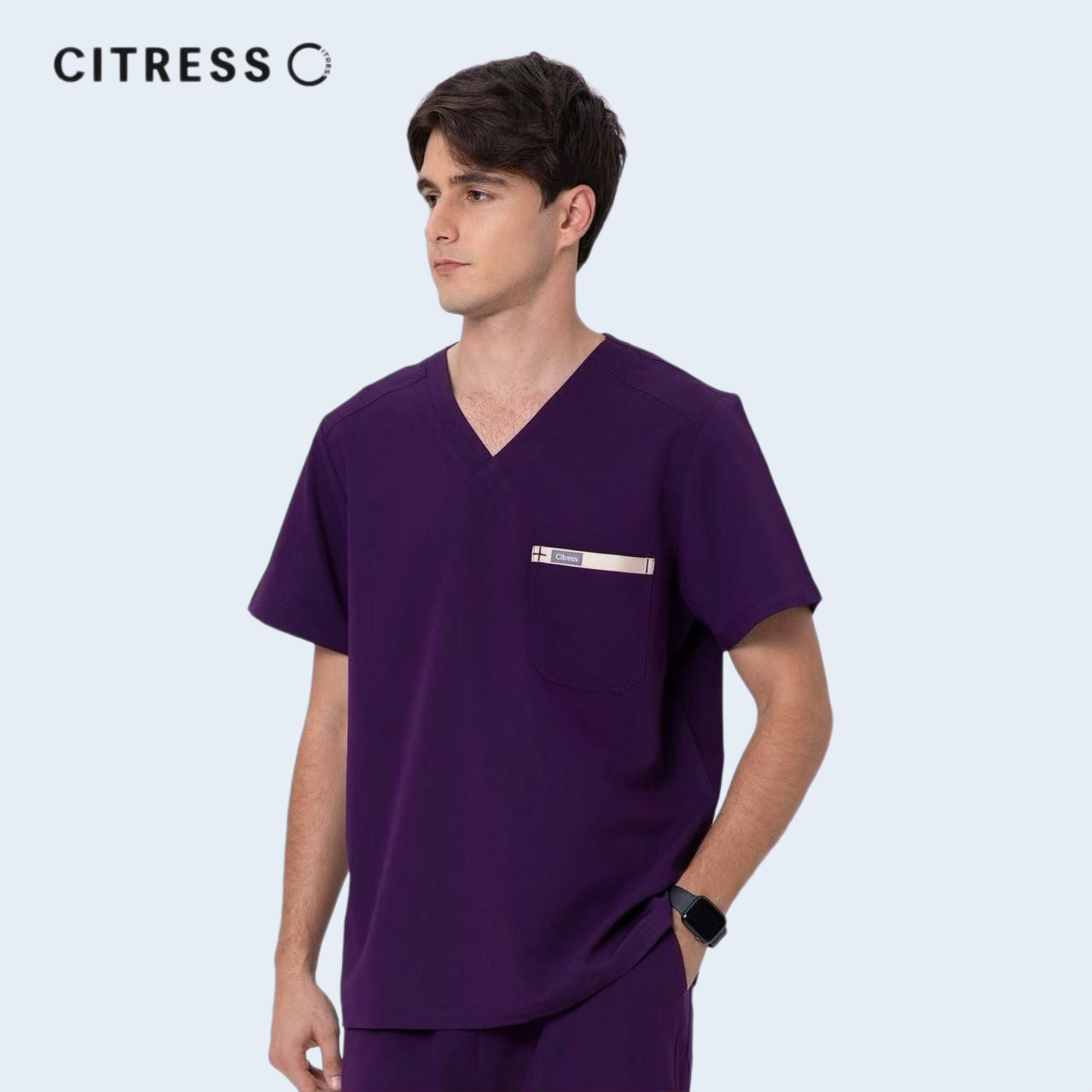 Side view of CITRESS men's purple scrub top, soft stretch fabric