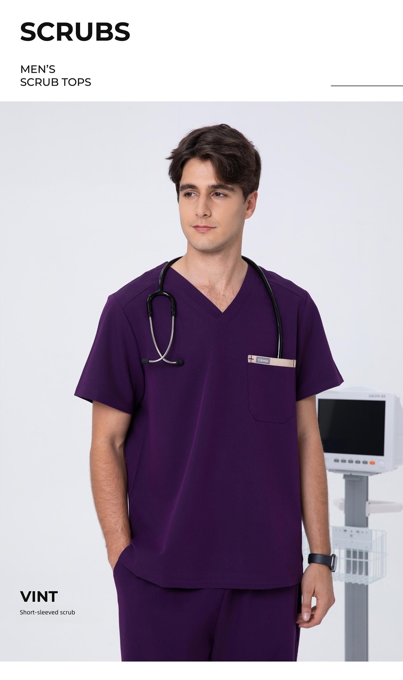 CITRESS men's purple scrub top product shot, clean background front view