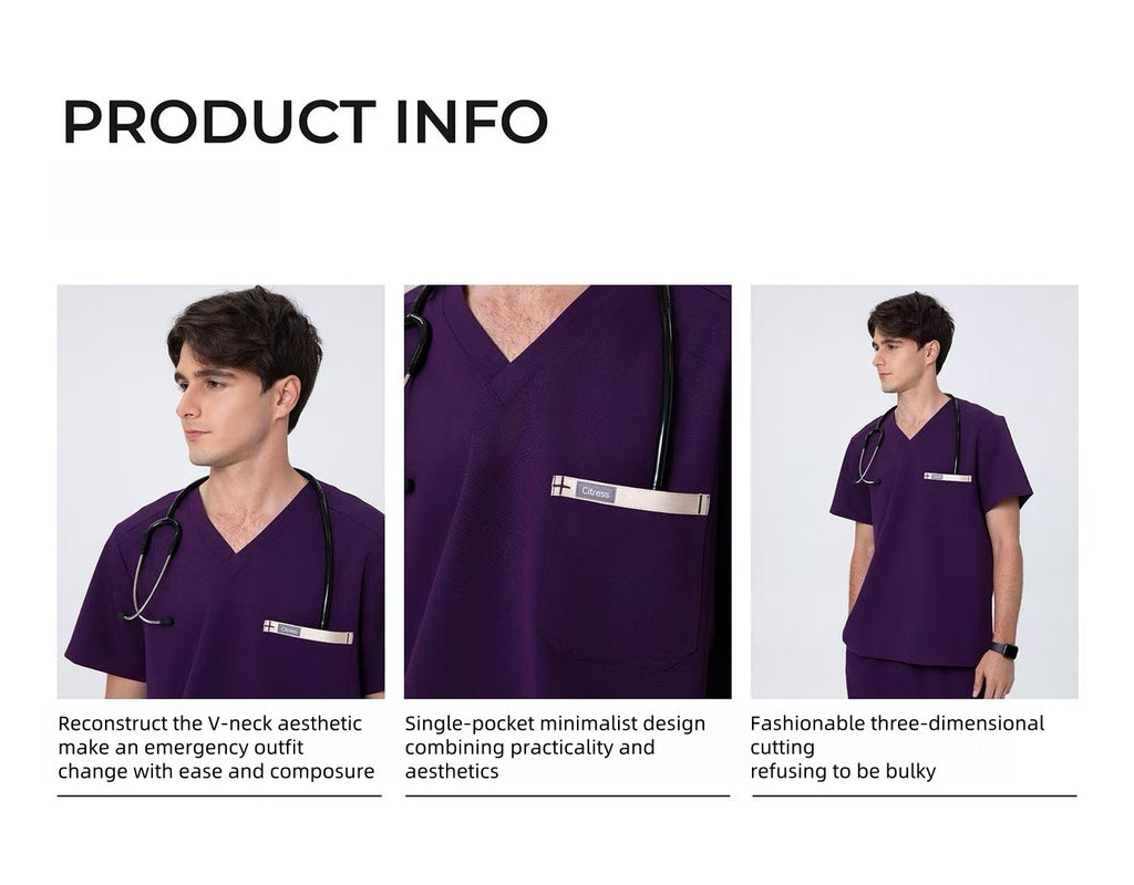 CITRESS purple scrub set details: fabric, fit and functional design for male healthcare workers