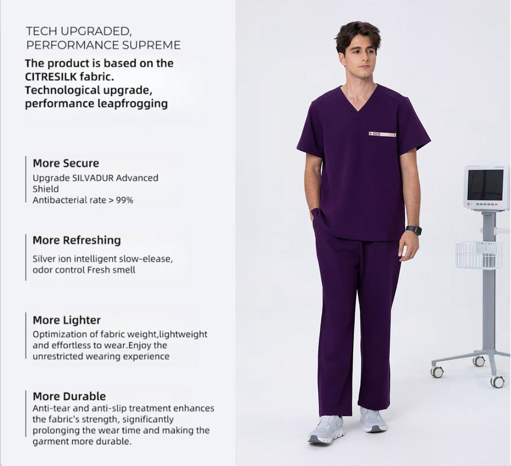 CITRESS men's purple scrub set overview, showing front, back and detail views