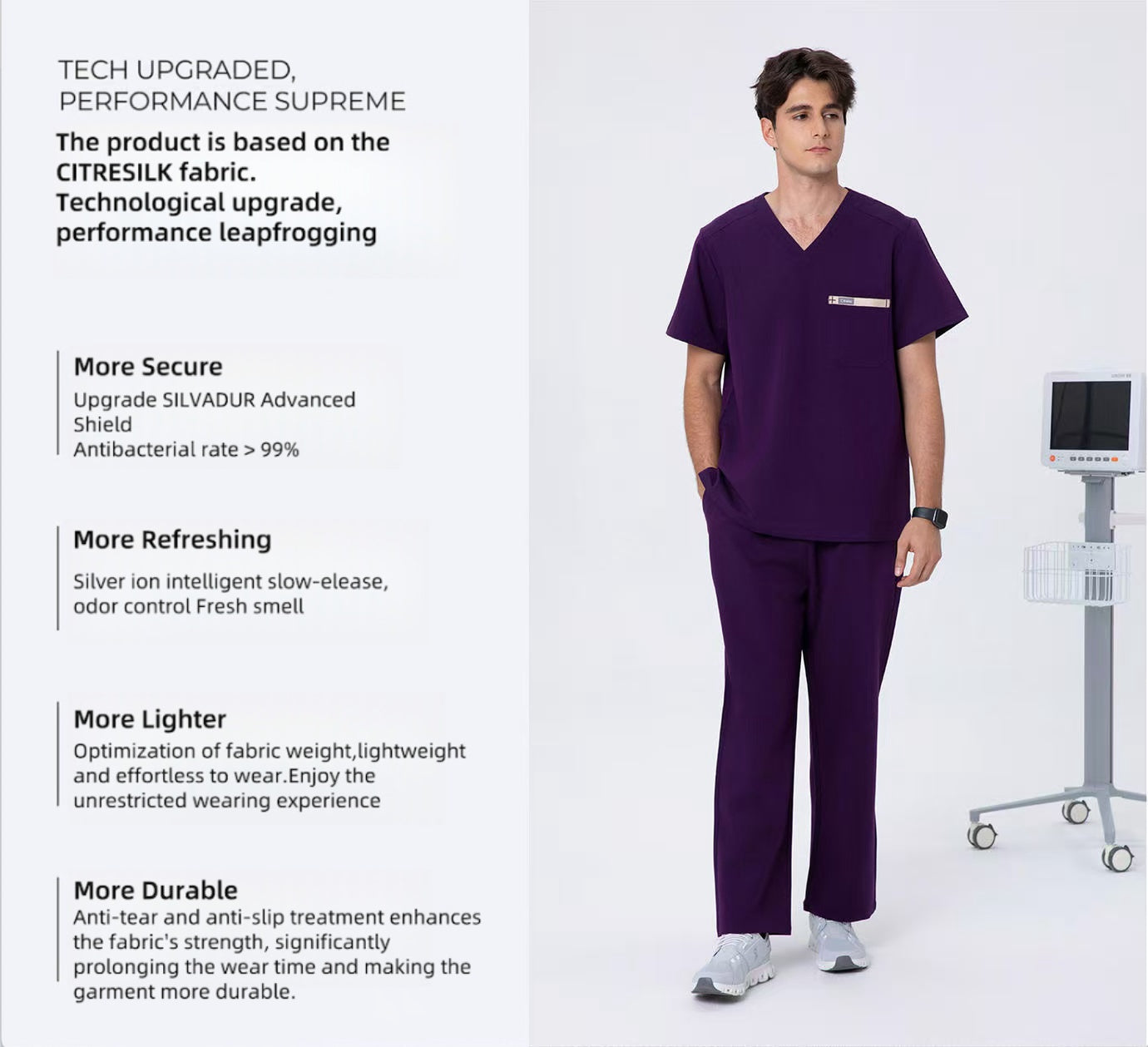 CITRESS men's purple scrub set overview, showing front, back and detail views