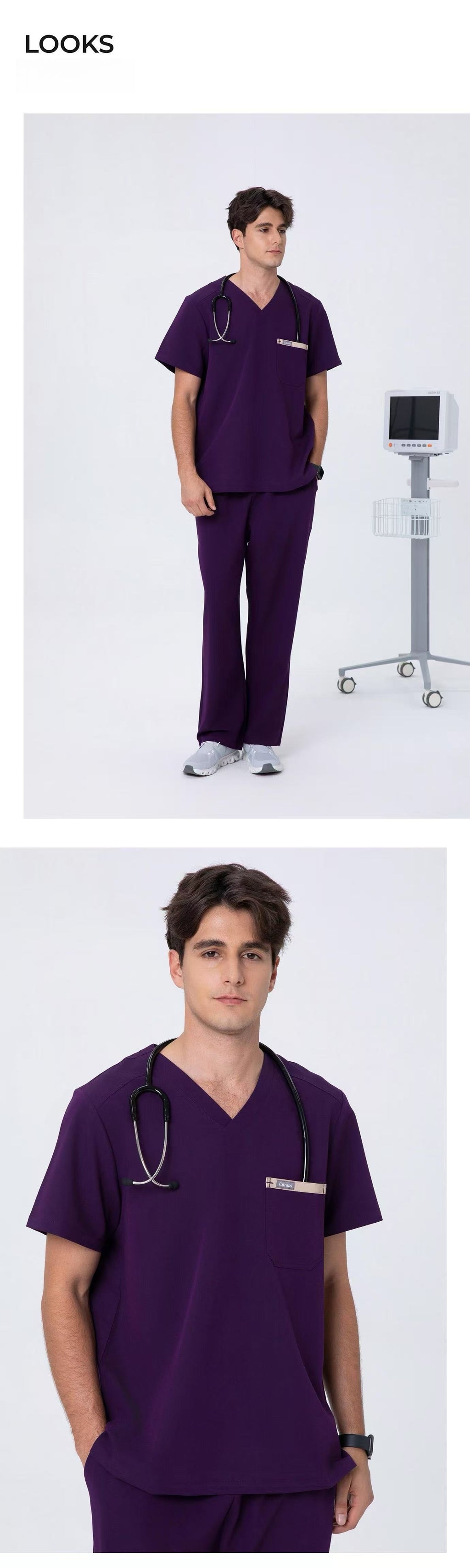 Front and back views of CITRESS men's purple scrub set for male nurses