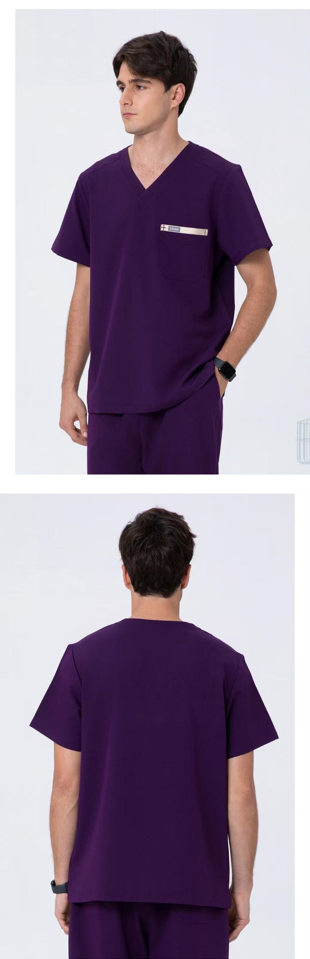 Front and back views of CITRESS men's purple scrub set for male nurses
