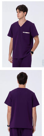 Front and back views of CITRESS men's purple scrub set for male nurses