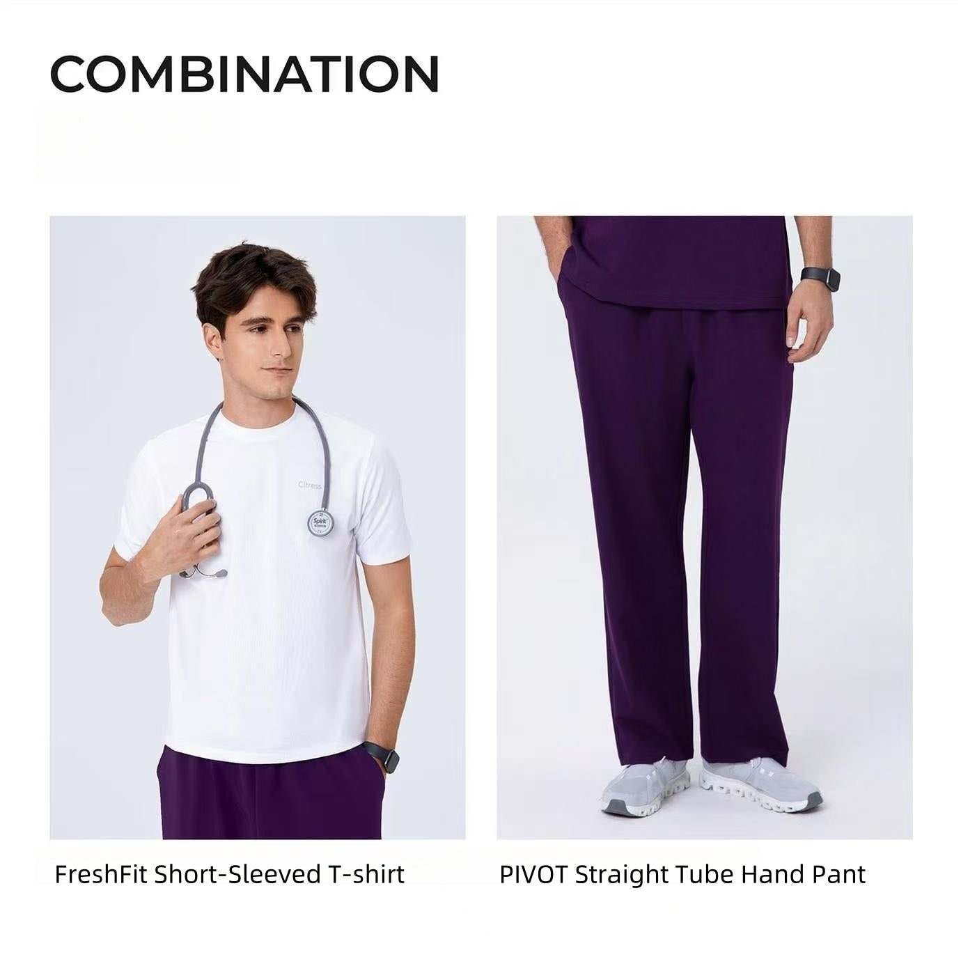 CITRESS scrub set pairing ideas: purple scrub top with white undershirt